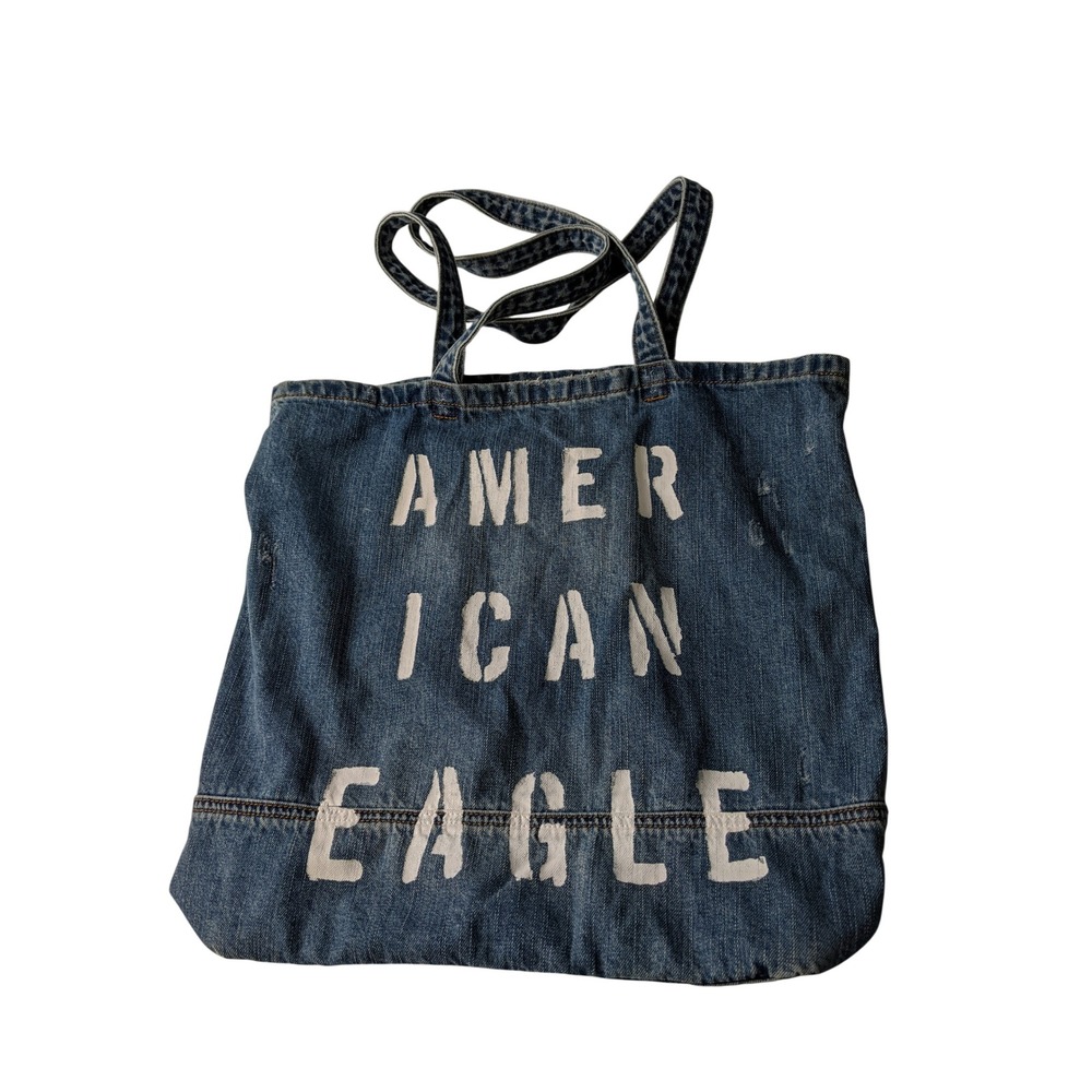 American Eagle Distressed Denim Tote Bag Blue Cotton Stencil Logo Medium